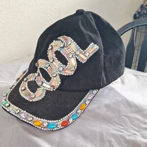 Embellished Black Cap with Colorful Gems